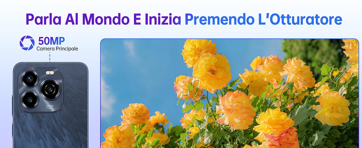 Primo piano di un modulo fotocamera per smartphone con obiettivi multipli su uno sfondo blu con fiori gialli. La fotocamera è dotata di un sensore principale da 50 MP