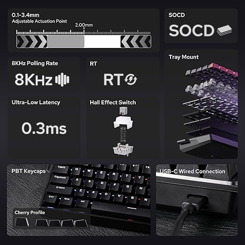 EPOMAKER AULA WIN68 HE 65% Tastiera Magnetica Cablata con Azionamento Regolabile, Tastiera a Effetto Hall con latenza di 0.3ms, 8000Hz Frequenza di Polling, Hot-Swap, per Win/Mac (Nero) - Fashionser