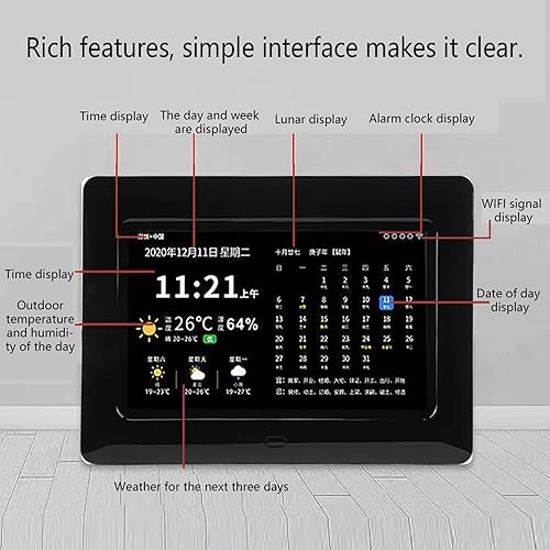 Cornici Digitali, Orologio Calendario Digitale WIFI da 7 Pollici con Telecomando, Aggiornamento Sincrono, 5 Set Promemoria Allarme, Previsioni Meteo (nero) (Spina UE) - Fashionser