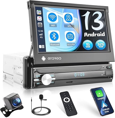 Autoradio 1 Din Android con Schermo Retrattile da 7 Pollici Wireless Carplay Android Auto, 1G+32G, Touchscreen Stereo Auto Bluetooth con GPS WiFi RDS/FM SWC Telecamera Posteriore Mic - Fashionser