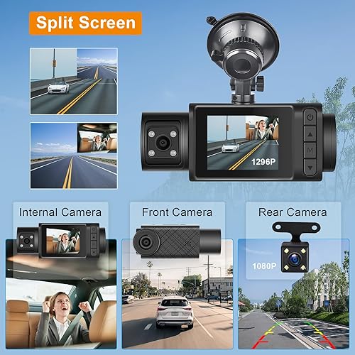 Hodozzy Dash Cam Anteriore e Posteriore Interna, 1296P 3 Canali Dashcam Auto Telecamera da Cruscotto WDR Visione Notturna, Registrazione Loop, G-Sensor 24H Monitor di Parcheggio Videocamera Scheda SD - Fashionser