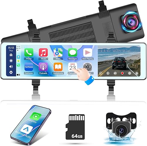 Specchietto Retrovisore Auto con Senza Fili Carplay e Android Auto - 11,26 Pollici IPS Dash Cam specchietto con Doppia Telecamera Anteriore e Posteriore Controllo Vocale Bluetooth FM AUX+64GB Card - Fashionser