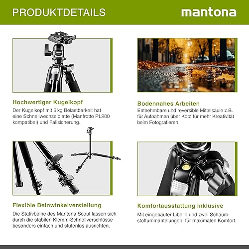 Mantona Basic Scout Fotostativ, Kamerastativ bis 144cm, inkl. robuster Kugelkopf, Wasserwaage, umkehrbare Mittelsäule, ideal für Reisen und Outdoor Fotografie für DSLR Kamera, kompakt leichtes Stativ, 17990, Arbeitshöhe: 142 cm - Fashionser