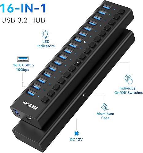 Hub USB alimentato da 10 Gbps, hub USB 3.2 a 16 porte da 96 W, interruttori di accensione/spegnimento individuali, adattatore di alimentazione 12 V/8 A, splitter USB 3.2 per laptop, PC, computer. - Fashionser