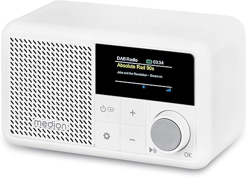MEDION S66822 Mini radio DAB+ portatile con Bluetooth (batteria ricaricabile, display a colori oscurabile, antenna telescopica, sleep timer, sveglia, snooze, AUX, USB-C) bianco - Fashionser