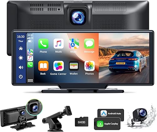LAMTTO Autoradio Senza Fili Carplay&Android Auto con Dashcam, 2.5K Fotocamera Anteriore & Backup, Portatile 9,26 Pollici Touchscreen Auto Stereo Ricevitore con 64G TF, BT/AUX, Mirror Link, Navigatore - Fashionser