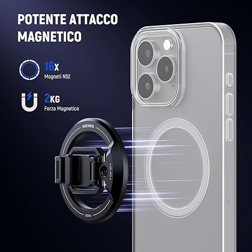 NEEWER Supporto Telefono Magnetico per Treppiede con Cold Shoe, 1/4' Filetto, Phone Rig Pieghevole Compatibile con MagSafe iPhone 16 15 Pro Max per Registrazione Video, Anello Adesivo Incluso, PA030 - Fashionser