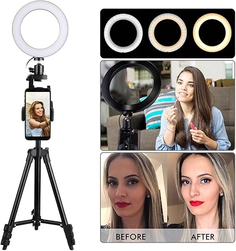 Thlevel 6,2' Ring Light, Luce ad Anello LED con Treppiede e Supporto per Cellulare, 3 Modalità Colore e 10 Livelli di Luminosità per YouTube, Tik Tok, Trucco, Fotografia, Selfie - Fashionser