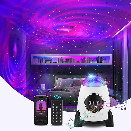 Proiettore Star con sveglia, Rocket Galaxy Projector per camera da letto, altoparlante Bluetooth e proiettore Aurora con rumore bianco - Fashionser