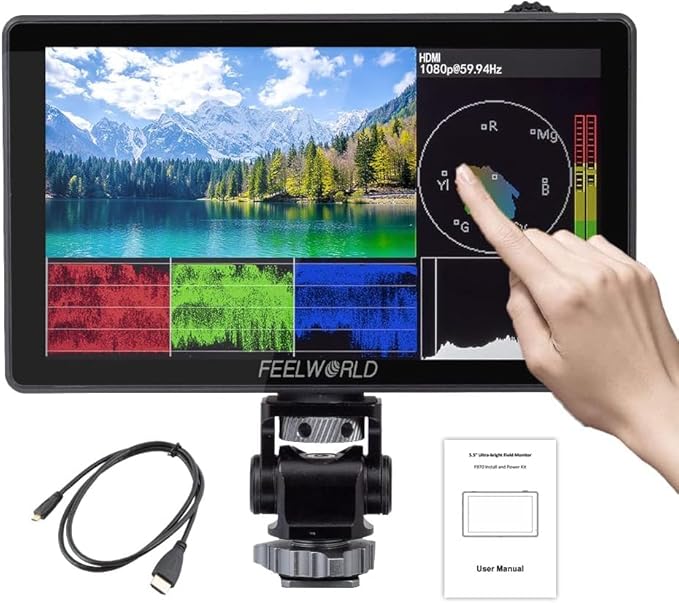 FEELWORLD LUT5 5.5' Ultra Bright 3000nit Touchscreen DSLR Live Monitor con alimentazione esterna F970 e kit di montaggio 4K HDMI Input Output 1920X1080 IPS Panel - Fashionser
