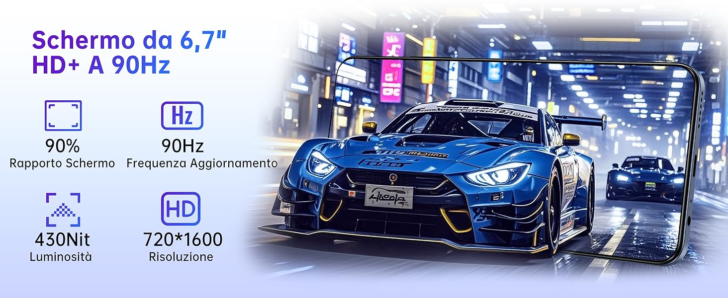 Specifiche del display del cruscotto dell'auto: schermo HD+ da 6,7 pollici, frequenza di aggiornamento di 90 Hz, luminosità 430 Nit, risoluzione 720x1600. Lo sfondo mostra un'auto sportiva blu in un tunnel illuminato.