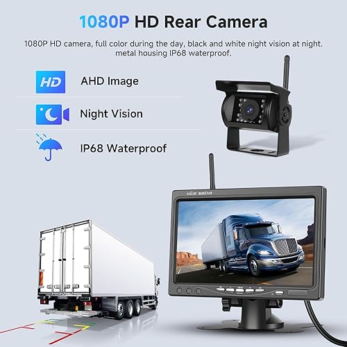Podofo Kit telecamera posteriore senza fili HD 1080P, Monitor LCD da 7 pollici con telecamera di backup per rimorchio RV Camper Camion Auto Bus, linea guida, IP68, visione notturna, BSD, 12V-36V - Fashionser