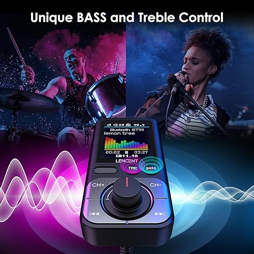 LENCENT Trasmettitore FM Bluetooth 5.0 Auto, QC3.0 18W Ricarica Veloce, Adattatore Radio Auto AUX con Schermo a Colori, Hi-Fi & Bassi Profondi, Chiamatta Vivavoce, Assistente Siri e Google, Scheda TF - Fashionser