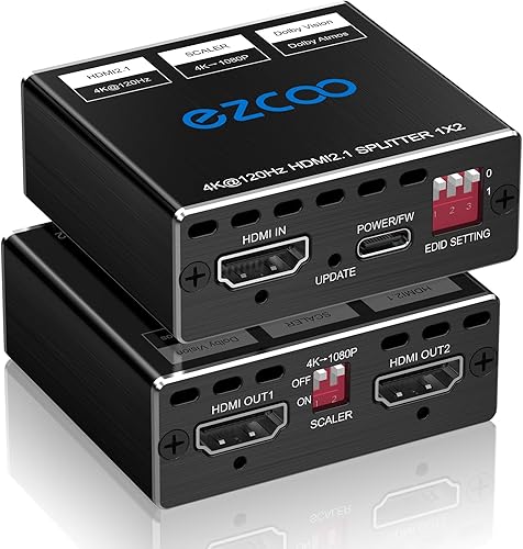 4K 120Hz HDMI 2.1 Splitter 8K 60Hz 1 Ingresso 2 Uscite VRR ALLM HDCP2.3 HDR10 8KUHD Dolby Vision Atmos Scaler 4K EDID 1080P Dual Monitors Divisor HDMI 2.1 1X2 para PS5 SkyQ Xbox NVIDIA AMD - Fashionser