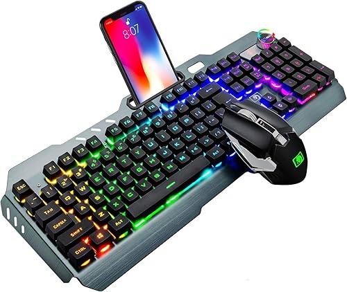 Hoopond Set tastiera e mouse da gioco ricaricabili wireless 2.4G, 4800mAh, 16 tipi di tastiera da gioco retroilluminata a LED RGB con manopola Contorl + 2400 DPI 7 colori Mouse con luce respirabile - Fashionser