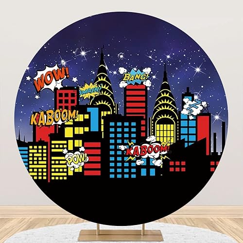 Aoihrraan 200cm Diametro Supereroe Città Rotondo Fotografia Sfondo Grattacielo Edifici Cielo Stellato Americano Comico Boom Cerchio Fondale Baby Doccia Neonato Compleanno Festa Ritratto Fotografico - Fashionser