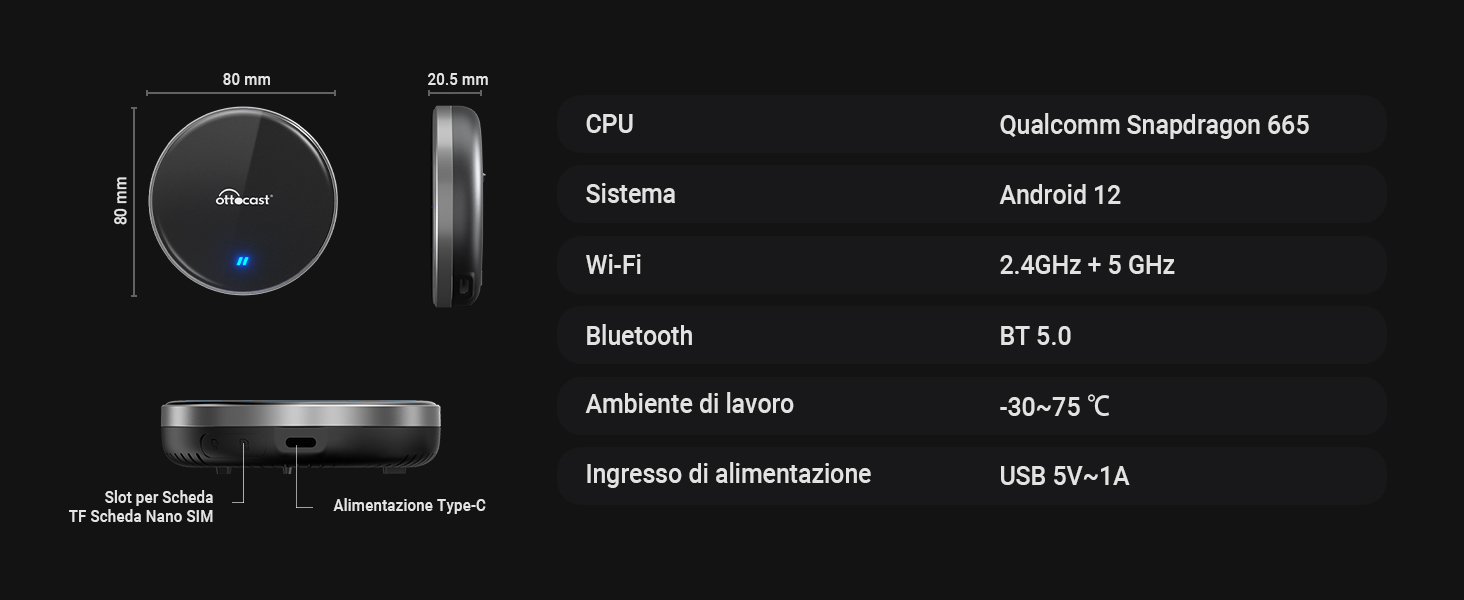 OTTOCAST P3 Lite CarPlay AI Box, Senza Fili CarPlay e Android Auto con Netflix YouTube