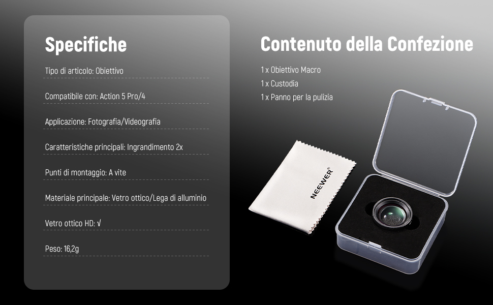 Il testo recita «Specifiche» e «Contenuto della Confezione». Serie di diapositive di presentazione o specifiche di prodotto a tema scuro con testo bianco.