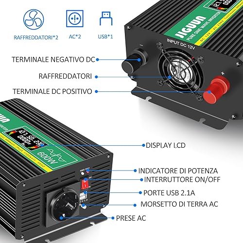 JIGUUN 600W inverter 12v 220v onda pura Convertitore con presa UE e 2 uscite USB 2,1A，telecomando wireless e display LCD Potenza di picco 1200W - Fashionser