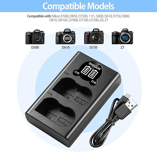 ENEGON EN-EL15/EL15a/15b sostitutiva (2 pezzi) e caricabatterie Dual USB intelligente per Nikon EN-EL15/15a MH-25/25a e Nikon D7100, D750, D7000, D7200, D600, D610, D880, D810 D800 Z6 Z7 Fotocamere - Fashionser