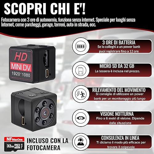 Mini Telecamera Spia Nascosta Con Immagini Full HD, Con Visione Notturna E Rilevamento Di Movimento - Funziona Senza Wifi, Include Scheda SD Da 32 GB, Per Parcheggi E Luoghi Senza Accesso A Internet - Fashionser
