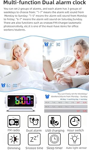 YHFITN RGB Sveglia colorata Calendario perpetuo Radio FM Orologio elettronico Funzione snooze Allarmi multipli Regolazione automatica della luminosità Uscita di alimentazione USB (Nero) - Fashionser