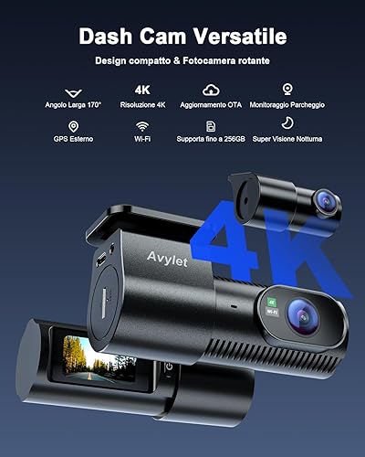 Avylet Dash Cam Auto 4K+1080P Doppia Telecamera per Auto, 170°+150° Dashcam Auto,Super Visione Notturna, Modalità Parcheggio 24H, WDR, Wi-Fi, Controllo App,G-Sensor, Registrazione in Loop, MAX 256GB - Fashionser