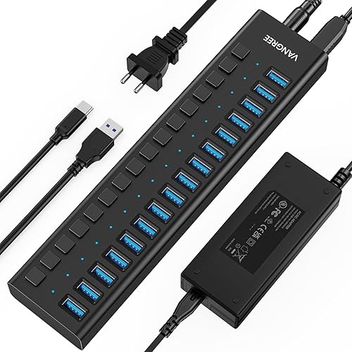 Hub USB alimentato da 10 Gbps, hub USB 3.2 a 16 porte da 96 W, interruttori di accensione/spegnimento individuali, adattatore di alimentazione 12 V/8 A, splitter USB 3.2 per laptop, PC, computer. - Fashionser