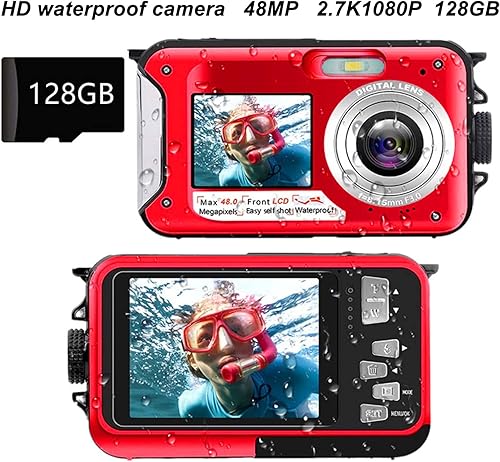 Fotocamera Digitale Full HD, Fotocamera Subacquea Impermeabile, 2.7K 48MP, Videocamera Selfie Video con Zoom 16X Anteriore Posteriore Doppio Schermo LCD(Rosso) - Fashionser