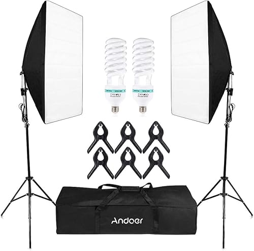 Andoer Softbox Kit Luce Fotografia da Studio Professionale, Softbox da 50 * 70 cm + 150W 5500K Lampadine x 2 + 2m Stativo + 6 clip + Borsa per Trasporto, Illuminazione Fotografica Luce Set (2 PCS) - Fashionser