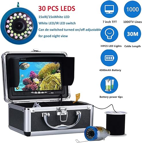 Bewinner Videocamera per la Pesca Subacquea Video Fish Finder, 30 M 1000TVL Megapixel Angolo di Visione di 92° con Display a Colori TFT da 7 Pollici 15 Lampade a Infrarossi - Fashionser