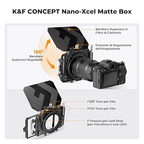 K&F Concept Mini Matte Box Lite con ND4 ND32 Filtro 4'x5,65', Bandiera Superiore Carbonio con 2 Vassoio Filtro 4''x5,65' per DSLR Fotocamere Mirrorless con Anello Adattatore Circolare 67/72/77/82/95mm - Fashionser