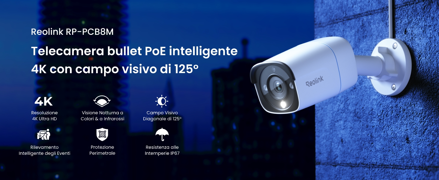 Il testo recita «Telecomera bullet PoE Intelligente» con un'immagine della telecamera di sicurezza colorata di blu che mostra le specifiche tecniche di un sistema di sorveglianza.