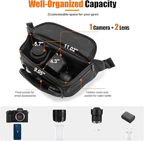 Borsa per Fotocamera Impermeabile da Cintura - Borsa a Tracolla per Il Trasporto Quotidiano per Canon, Nikon, Sony, Fuji DSLR/SLR, Obiettivo - Nero, L - Fashionser
