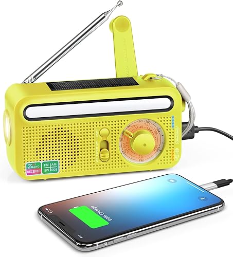 Olycism Radio Solar Dynamo Batteria 2000mAh Radio a Manovella solare di Emergenza e Power Bank USB Radio Portatile Torcia a LED e Luce Lettura Allarme SOS Impermeabile per Escursioni Campeggio Giallo - Fashionser