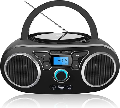 WISCENT Lettore CD Boombox Portatile - Stereo con Radio FM, Ingresso Bluetooth, USB, AUX, Uscita Auricolari, Audio Domestico Compatto, AC o Alimentato a Batteria - Fashionser