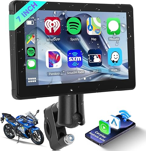 Schermo GPS per Moto CarPlay e Android Auto Wireless, Portatile HD Touch Screen Navigazione Impermeabile da 7 Pollici Schermo con Dual Bluetooth AirPlay Mirror Link EQ,USB/TF Display per Moto - Fashionser