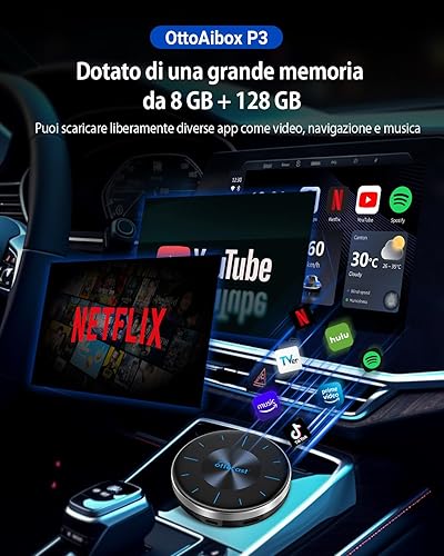 OTTOCAST P3 AI Box Carplay Android Auto Adattatore, OttoAibox Picasou3 8+128GB Android Auto Wireless Aibox Adapter per auto con CarPlay cablato Dal 2016 - Fashionser