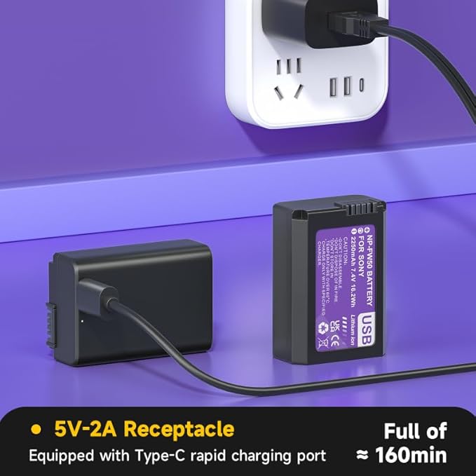 2 pz NP-FW50 batteria sostitutiva 2250mAh con ricarica USB Type-C, compatibile con Sony ZV-E10, Alpha a5100, a6000, a6300, a6400, a6500, Alpha a7, a7 II, a7R, a7R II, a7S, a7S II, RX10 - Fashionser