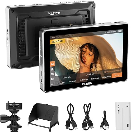 VILTROX 7 Inch Camera Field Monitor,Touchscreen Kit monitor esterno della fotocamera con batteria, ingresso/uscita HDMI 4K su monitor fotocamera con 3D LUT RGB forma d'onda Cappuccio parasole (DC-L1) - Fashionser