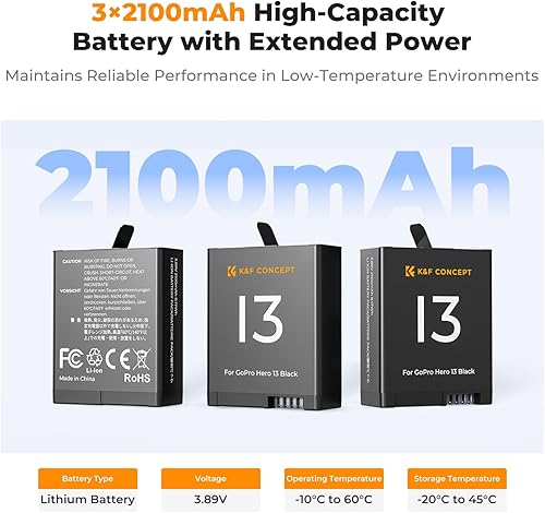 K&F Concept Confezione da 3 batterie con caricabatterie per Go Pro 13, batteria enduro da 2100 mAh e caricatore USB a 3 slot LCD compatibile con Hero 13 Action Camera - Fashionser