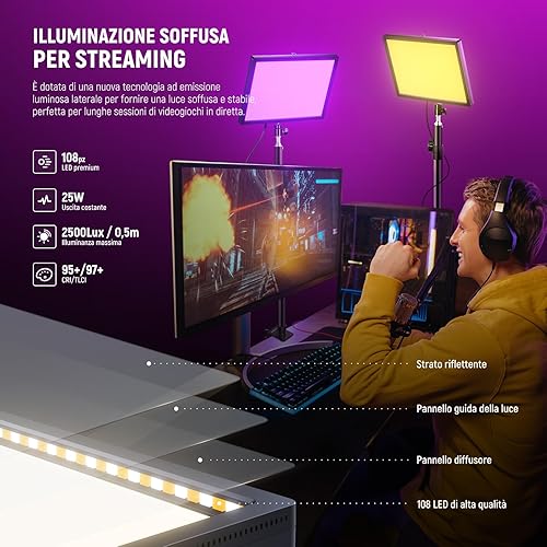 NEEWER 25W 12,9' Key Light Streaming con Supporto Tavolo/Remoto 2.4G/Trasmettitore USB, Controllo APP per PC/Mac 2300Lx/0,5m 2900-7000K CRI98+ Pannello Video Dimmerabile per Webcam Laptop Zoom, GL25B - Fashionser