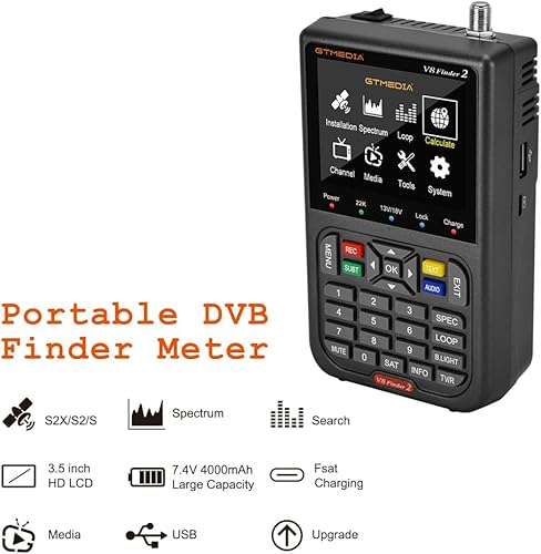 GT Media V8 FINDER2 - Localizzatore satellitare digitale e misuratore di segnale DVB-S/S2 H.264 HD 1080P con display LCD da 3,5' da 7,4 V/4000 mAh, ideale per la configurazione dell'antenna parabolica - Fashionser