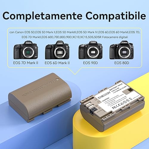 ENEGON Caricabatterie Veloce LP-E6/LP-E6N 20W, Doppio Alloggiamento (2x 2000mAh), Compatibile con Canon EOS 5D, 5D Mark II, 6D, 7D, 60D, 70D, 80D, 90D, XC10, XC15, Display LCD - Fashionser