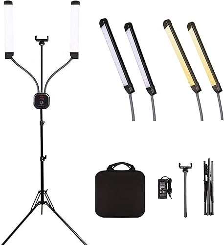 Kit di Luci LED a Doppio Braccio da 50w, Dimmerabile 3000-6500k per Trucco, Ciglia, Tatuaggi di Sopracciglia, Bellezza, Fotografia Video in Studio, Live Streaming, con Treppiede e Borsa - Fashionser