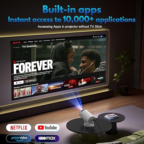 [App integrata] Mini Proiettore 1080P 4K Support Mini Proiettore Portatile, WiFi 6 BT5.2 180° Ruotabile Android TV Compatibile con HDMI/TV Stick/Memory Stick/Laptop, con Cavo HDMI & Mouse, Nero - Fashionser