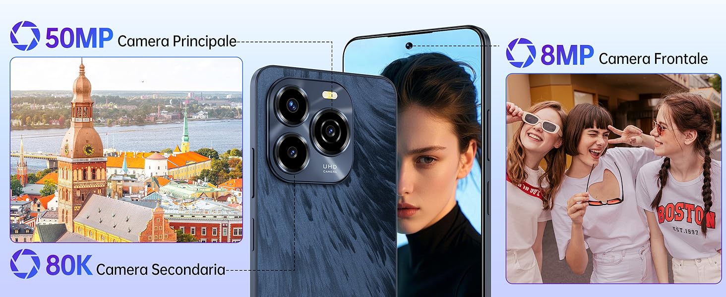 Smartphone con tripla fotocamera posteriore. Il display mostra foto di paesaggi urbani e ritratti. Il testo evidenzia le specifiche della fotocamera: fotocamera principale da 50 MP, frontale da 8 MP,