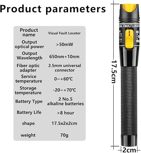 Tester per Fibra Ottica FTTH da 50 MW, localizzatore di guasti visivi Tipo Penna con Adattatore FC-LC, Luce per Fibra Ottica con Penna a Luce Rossa, Tester per Cavi ottici 50 km (Giallo) - Fashionser