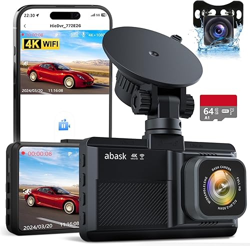 abask Dash Cam Auto, 4K Wifi Doppia Telecamera Auto con Scheda SD 64G, 320 Gradi, Schermo Integrato 3'', Retromarcia Assistita,Visione Notturna, Monitor di Parcheggio, G-Sensor, Registrazione in Loop - Fashionser