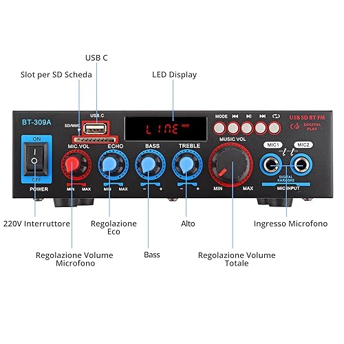 ESYNiC 40+40W Mini HiFi Amplificatore Audio Bluetooth per Auto con Alimentatore 12V/220V Amplificatore di Potenza Digitale con Telecomando Amplifier Stereo USB Mic FM SD TF LED Display per Auto Casa - Fashionser